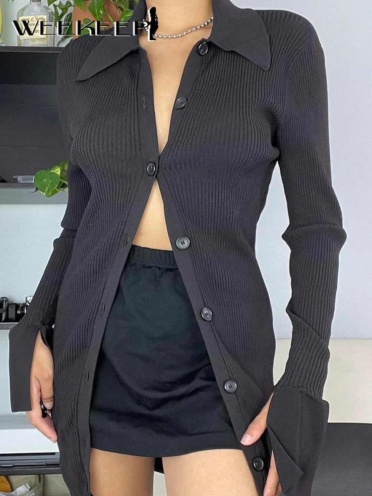 

Женский трикотажный кардиган Weekeep, черный однобортный Кардиган с длинным рукавом, однотонная Базовая офисная рубашка, осень