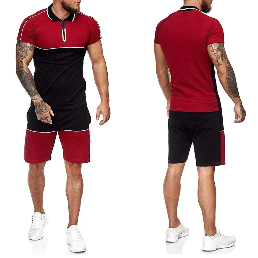 

Fashion ELLESE Men Casual Set 2 PCS Sweat Suit Short Sleeve zipper T-shirt Shorts Sets Male Sportswear Tracksuit Summer Sport