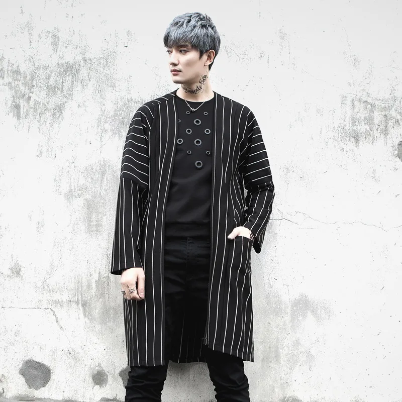 

Men nightclub singer stage costume long sleeve striped t shirt cape men hip hop punk tee shirts cloak oversized coats streetwear