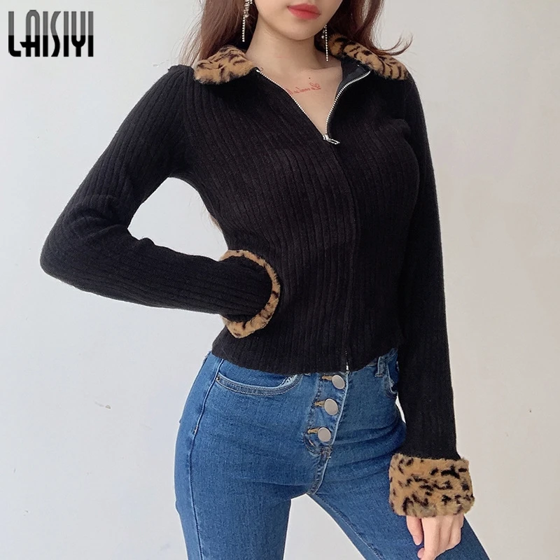 

Модная леопардовая шуба LAISIYI 2021, женские топы, осенне-зимняя элегантная Сексуальная уличная одежда, черный вязаный пуловер в рубчик, Женская...