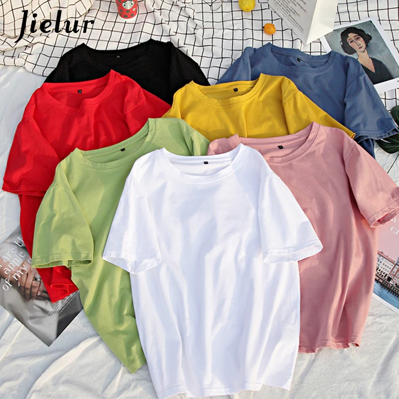 

Jielur Summer Preppy Style Simple T-shirts Solid Color Couple T-shirt M-4XL Cotton Tops Short Sleeve Loose Tee Shirt for Women