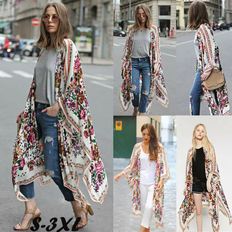 Модная одежда Бохо Винтаж Женщины Цветочные Свободные шаль кимоно шифон пальто
