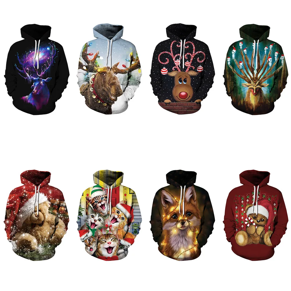 

QNPQYX Christmas Hoodies Elk Animal Moose Print Men Sweatshirts Santa Costume Fall Winter Coats Deer Hooded Pullover