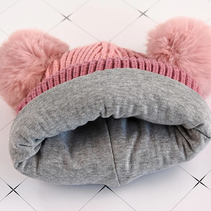 

Warm Winter Newborn Cute Warm Kids Girls Boys Baby Cartoon Bear Hats Knitted Wool Hemming Caps With Ball