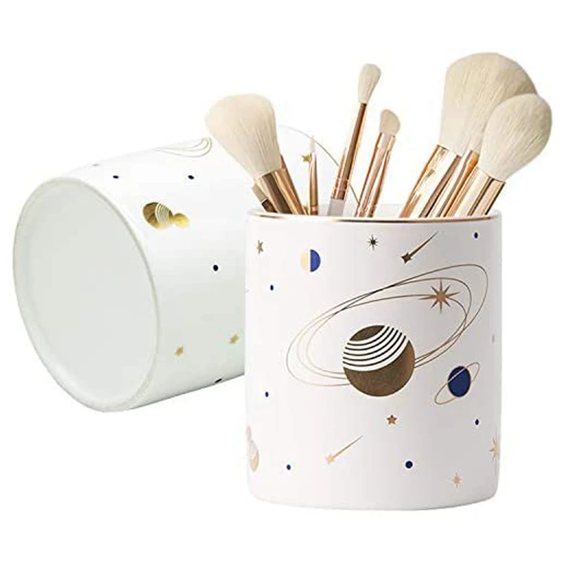 

2 Pack Round Pen Holder Stand, Universe Pattern Makeup Brush Holder Desk Accessories Pencil Cup (White)