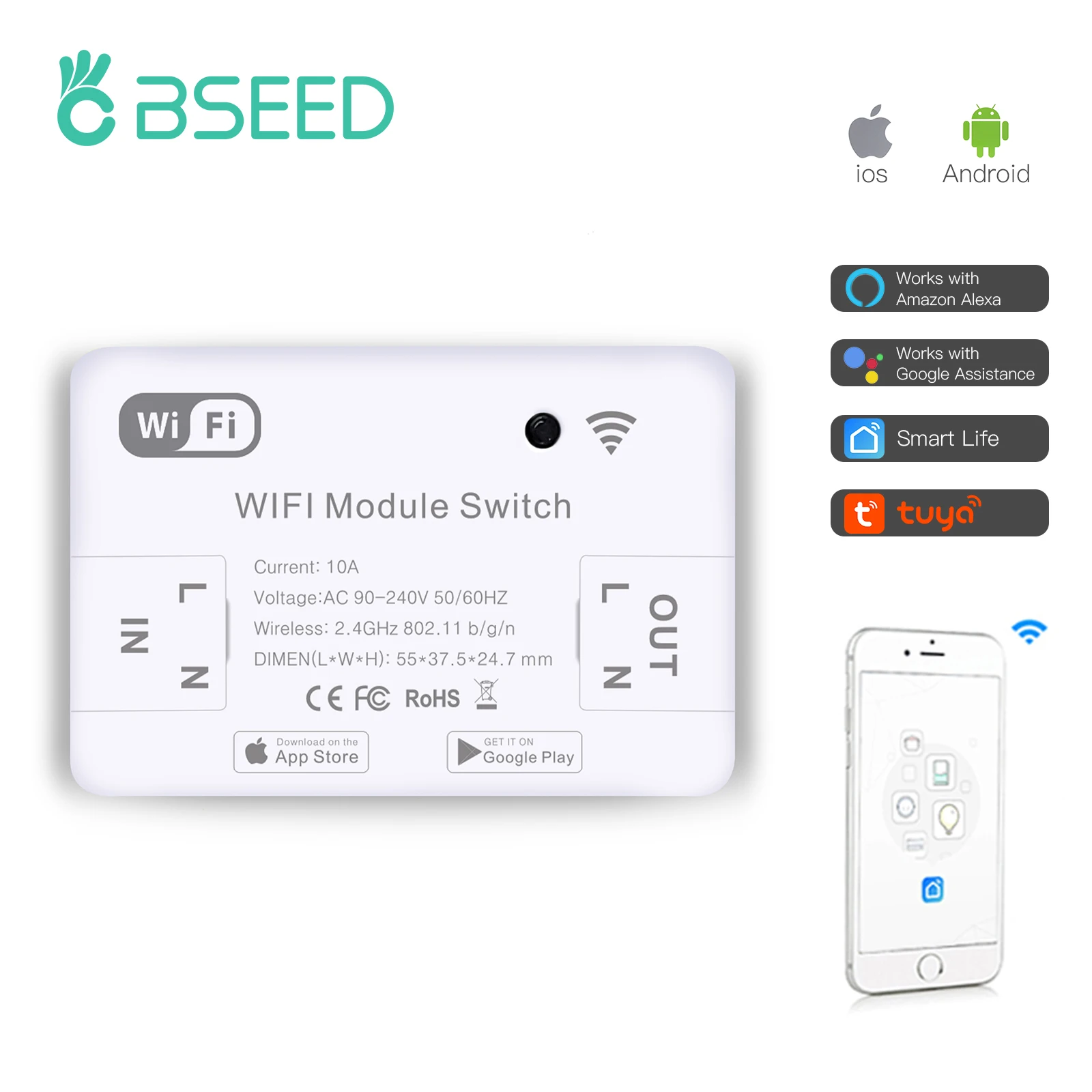 

Bseed 10A Smart Light Switch Module DIY Wireless WiFi Smart Switch Work with Tuya Alexa Google Home Smartlife-No Hub Required