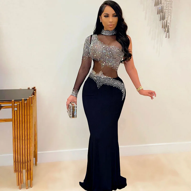 

Ladies crystal diamond sexy wedding party dress one-shoulder long-sleeved transparent mesh patchwork mopping tight dress