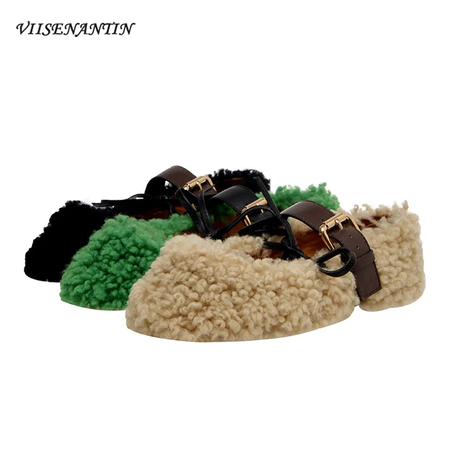 

Женские туфли viisenantиз меха ягненка, Женская осенне-зимняя верхняя одежда, повседневная обувь, новинка 2019, туфли с ремешком и пряжкой в гороше...