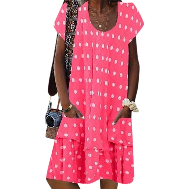 

Women Dress with Pocket Dot Printed Women Clothing Short Sleeve Vintage Summer Dress Knee-length Casual Loose Vestidos