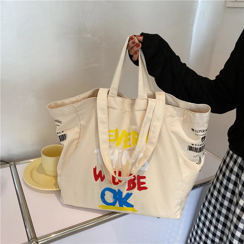 

Модная сумка для покупок с граффити, женские сумки на плечо, дизайнерская Холщовая Сумка с буквенным принтом, женская сумка и кошелек, дорож...