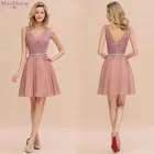 Розовые коктейльные платья 2019 тюль короткое официальное платье сексуальное N-образное платье без рукавов