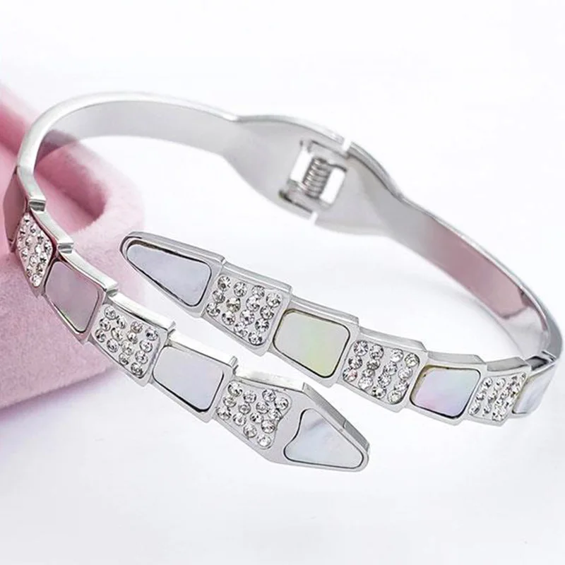 

2021 Tendy Jewelry Shell Snake Bone Lattice Stainless Steel Open Rose Gold Zirconia Bangles Bracelet Gifts For Women