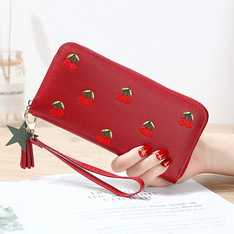 Новинка длинный женский кошелек с вишней Женский вышитый мешочек Обложка для