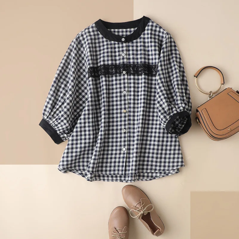 

SHUCHAN Linen Vintage Plaid Blouse Women Half Sleeve 2021 Spring Summer Lantern Sleeve Casual Shirts Oversized Black and White
