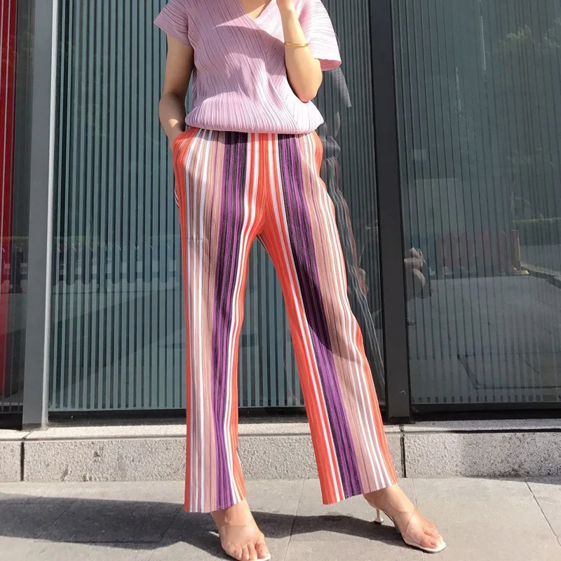 Orange stripes LANMREM новая весенняя модная женская одежда в винтажном стиле, плиссированные контрастные цвета, в полоску и высокие штаны, набор WH80705 - Цвет: Orange stripes