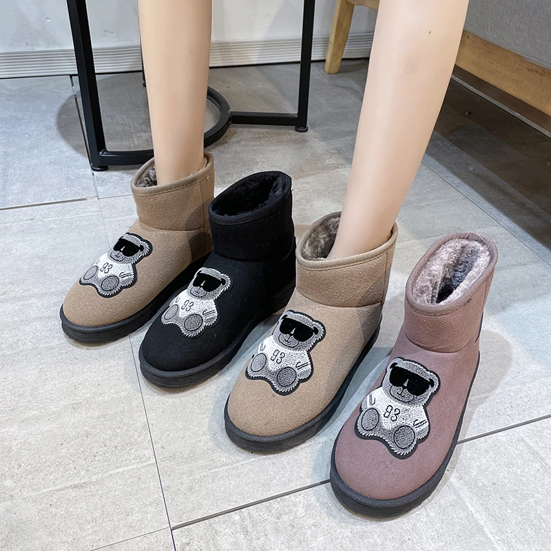 

Women's 2021 New Winter Bear Snow Boots Female Cute Thick-soled Non-slip Outdoor Leather Velvet Thick Warm Plush Cotton Shoes