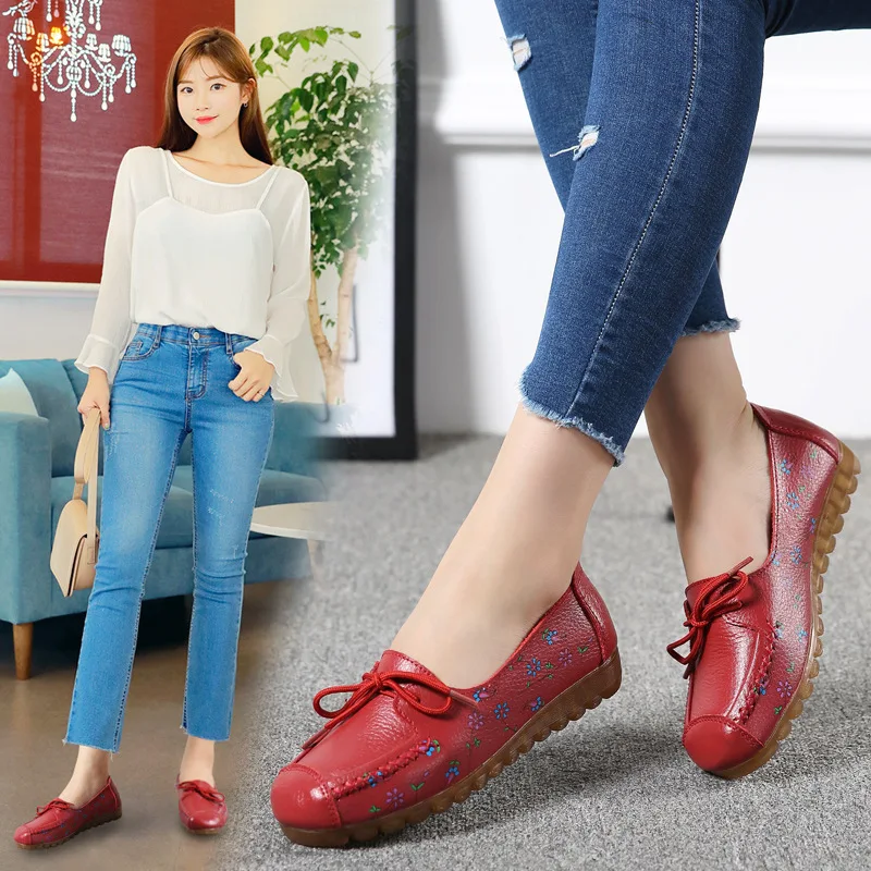 

Women Casual Shoes Genuine Leather Lace up Moccains Round Toe Rubber Sole Boat Shoes Flats Women Retro Ballet Flat Shoes