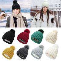warm satin lined stretchy skull cap winter beanie hat knit hats beanie hat for women faux fur pom pom hat