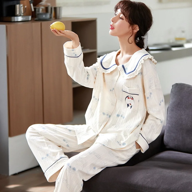 Пижама W Женская с длинным рукавом, кардиган из чистого хлопка, домашний костюм с лацканами, пижамный комплект, весна-осень