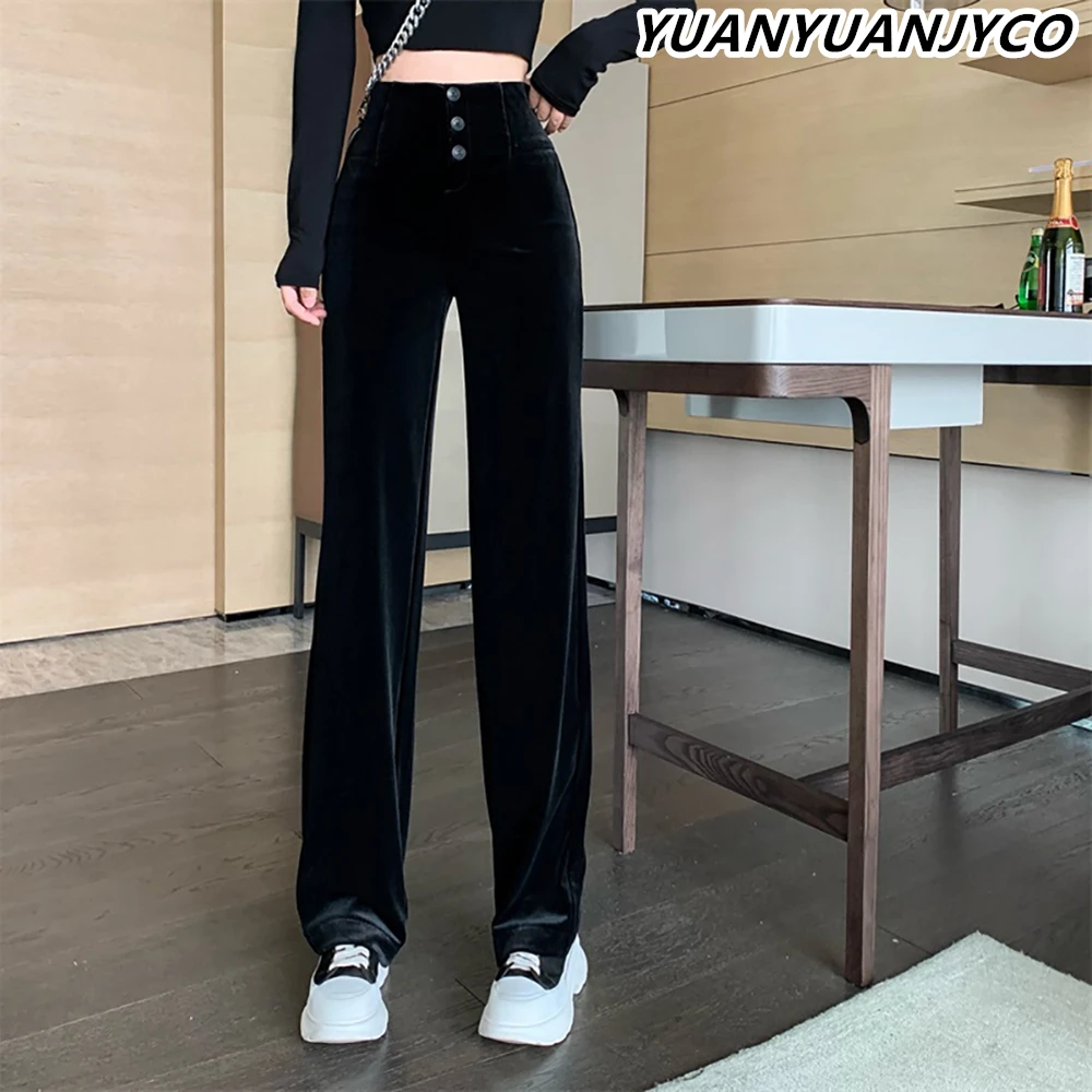

YUANYUANJYCO Autumn Spring Korean Fashion Women Pants Casual Button Up High Waist Loose Baggy Black Wide Leg Trousers
