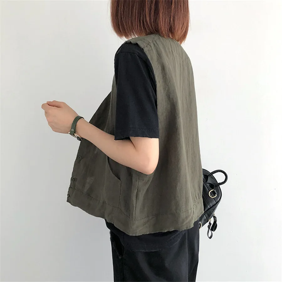 

Women's Casual Vest Linen Vintage Ladies Waistcoat Outerwear Female Summer Thin v-Neck Sleeveless Single-Breasted Vest Female