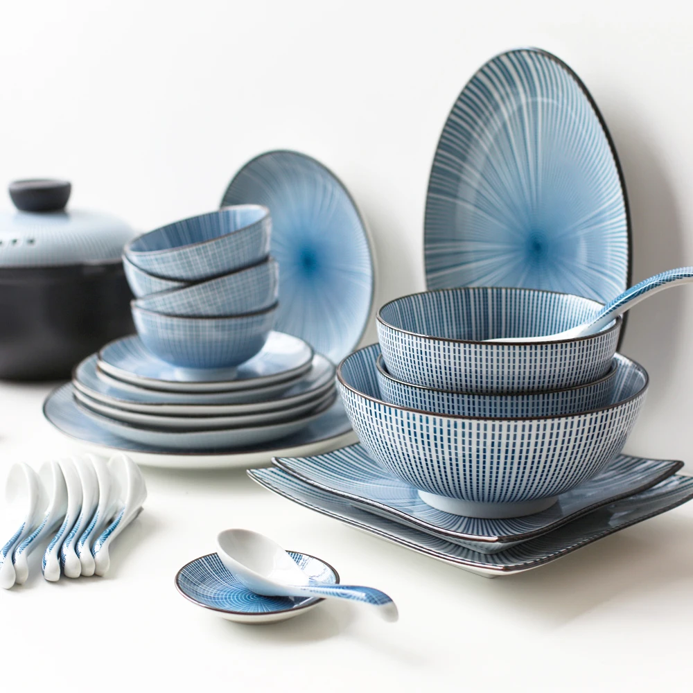 Underglaze Color Retro Japanese Household Ceramic Bowl Plate Dish Tableware And Casserole Set