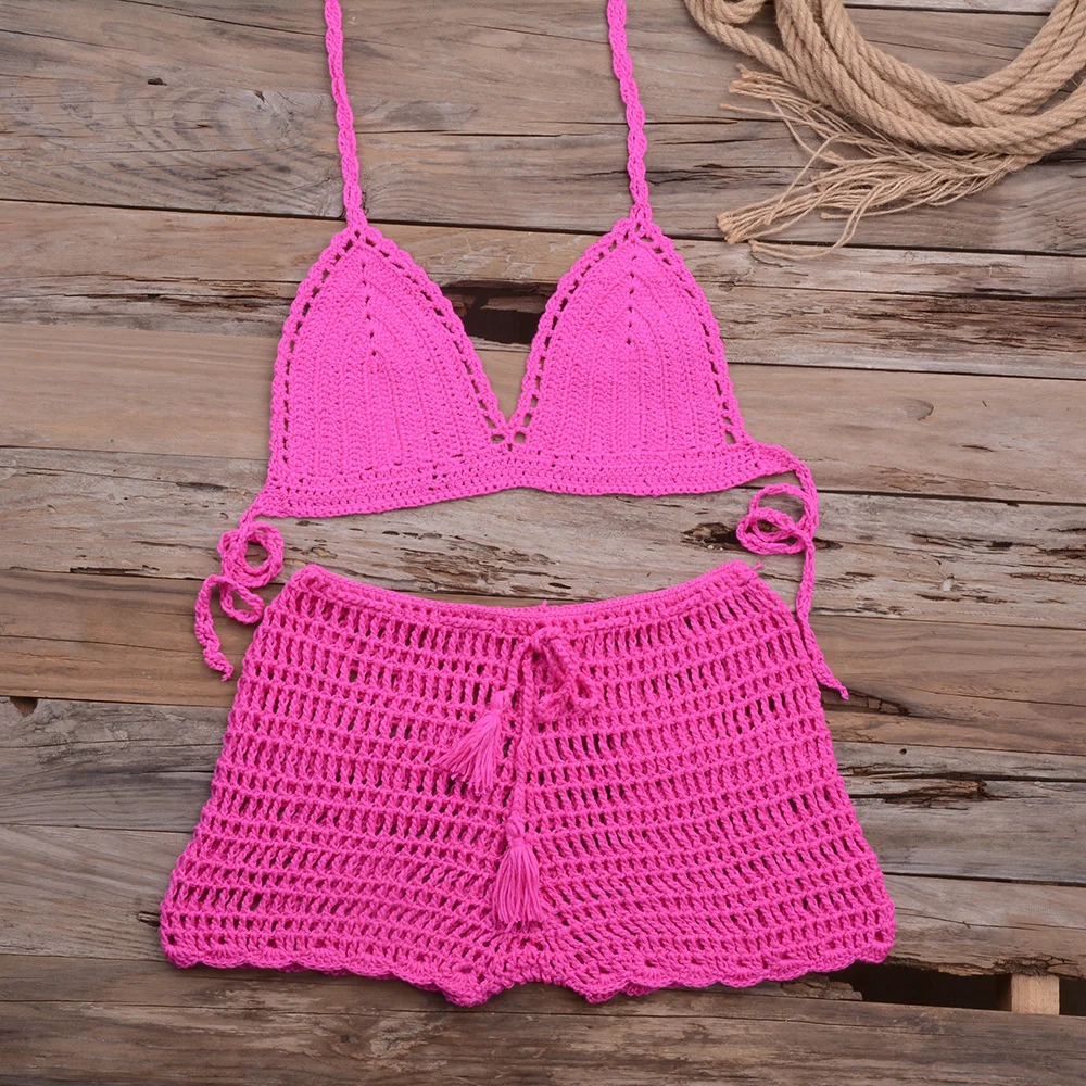 

Sexy Crochet Bikini Two Pieces Set Halter Bra Tie Top Knitted Shorts Biquini Summer Beach Swimwear Hollow Swimsuit Bathing Suit