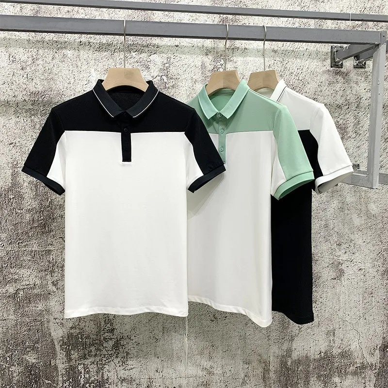 

Fashion Men Colors Mixed Summer Short Sleeve T-Shirt Pullover Lapel Collar Business Man Casual Tees Tops Office Work T-shirts