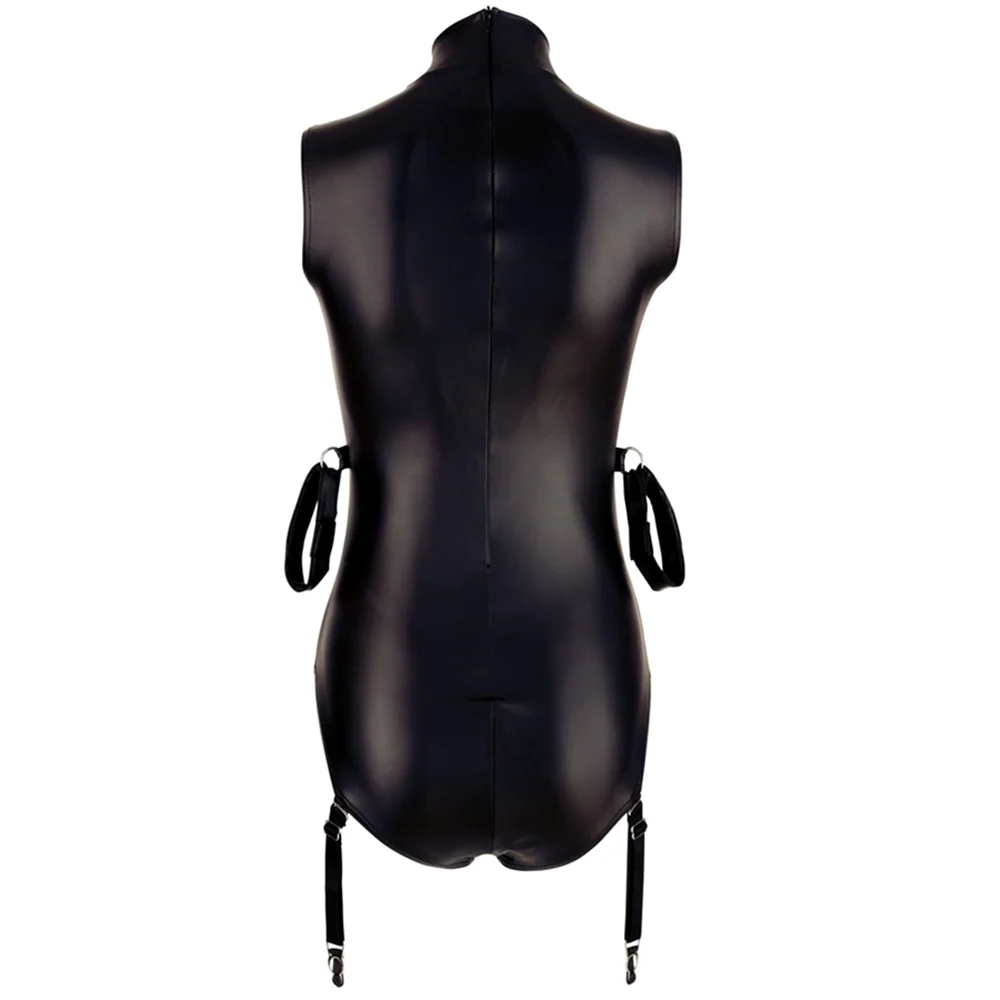 Women Black Leather Lingerie One Piece Bodysuits Sexy Open Crotch Leotard Halloween Costumes Pole Dance Latex Catsuit Nightwear