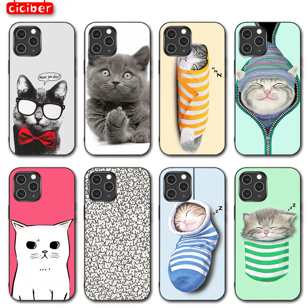 

Anime Cat Pattern Mobile Phone Case for IPhone 13 12 11 Pro Max Mini 7 8 6 6S Plus X XR XS MAX 5S SE Soft TPU Case Black Fundas
