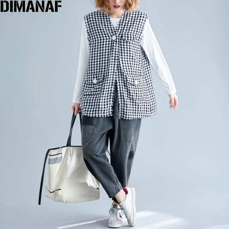 DIMANAF 2019 Новая Осенняя куртка для женщин пальто без рукавов черный плед большие