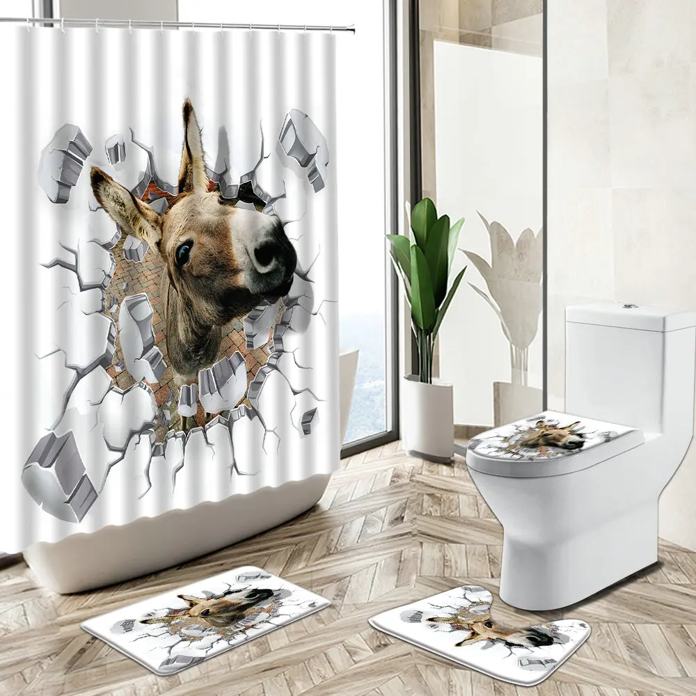 

African Elephant Brick Wall Design Shower Curtain Wild Animal Theme Bathroom Decor Non-Slip Rug Toilet Lid Cover Bath Mat Set