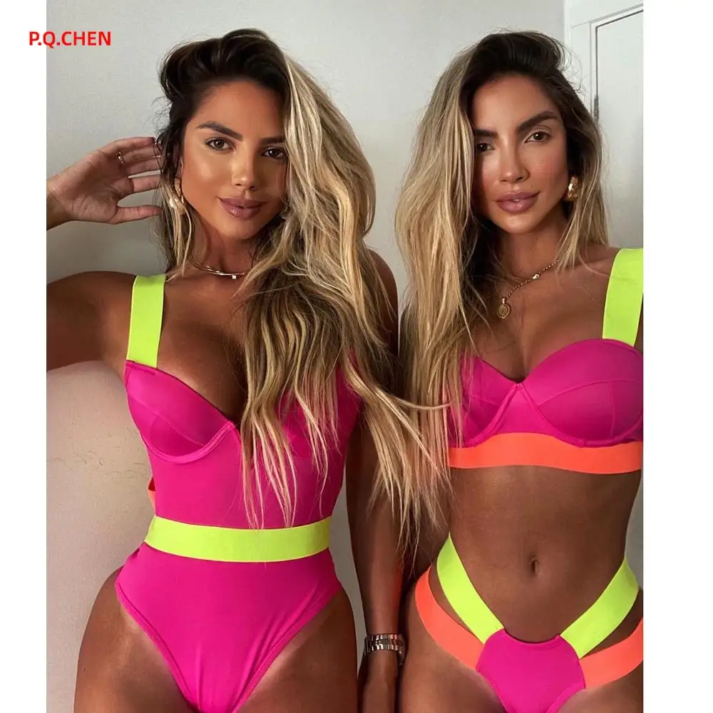 

P.Q.CHEN 2021 New Sexy Bikini Black Push Up Swimsuit Women Swimwear Splicing Bathing Suit Beach Swimming Suit