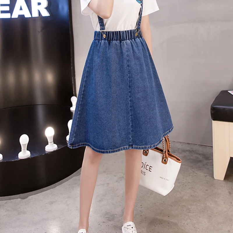 Women Denim Skirt Suspender Jumper Adjustable-Strap Plus-Size High-Waist Jean Fashion Ladies Casual Student A-Line | Женская одежда