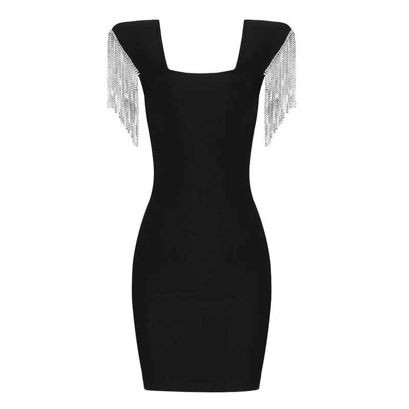 

BEAUKEY 2021 Summer Women Sexy Mini Dress Diamond-studded Tassel Sleeve Square Collar Dresses Black Bodycon Party Club Vestido