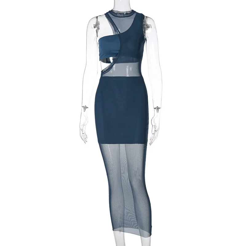 

2021 New Spring/Summer Stitch Mesh Mesh Perspective Dress Casual Set Three-piece Set