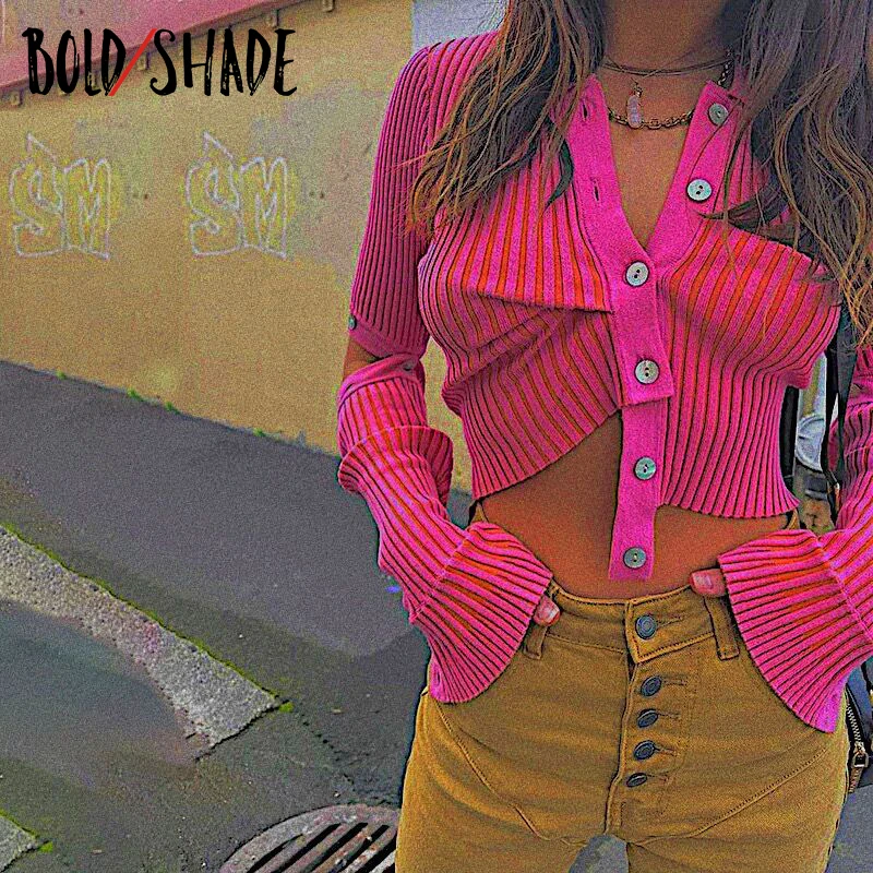 

Bold Shade Streetwear 90s Fashion T-shirts Knit Button Up Long Sleeve Pink T Shirts Indie Aesthetic Y2K Bodycon Tops Autumn 2021