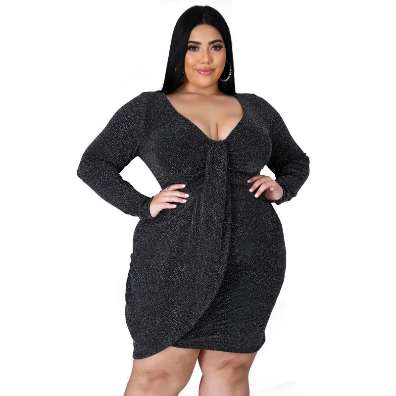 

Fashion Sexy V Neck Club Party Long Sleeve Plus Size Women Dress 4XL 5XL 6XL Black Bodycon Dress Casual Work Wear Female 2021