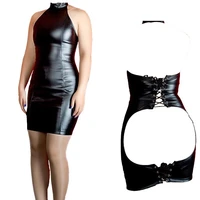 sexy faux leather open butt bodycon mini dress turtle neck back lace up bandage dress women sub role play fetish costume