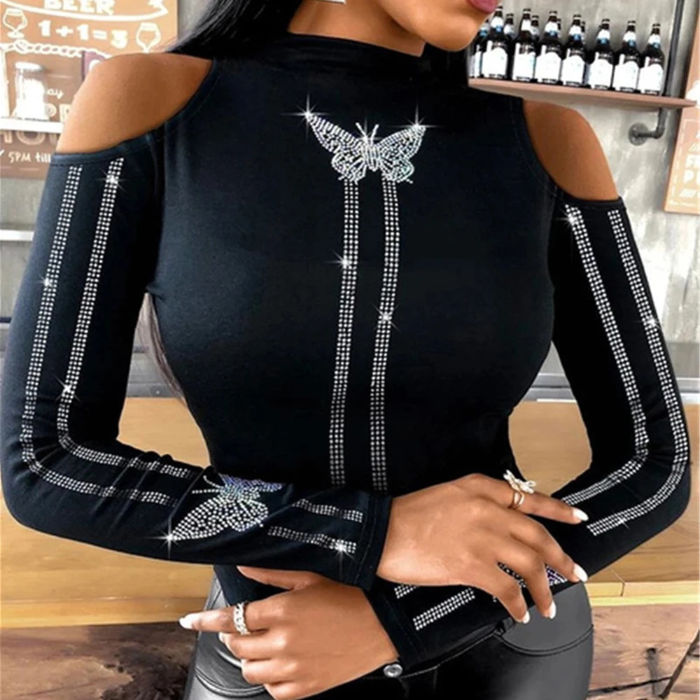 

Spring Elegant Turtleneck Blouses Women Long Sleeve Bodycon T-shirt Sexy Rhinestone Slim Tops Hollow Out Pullover Casual Sweater