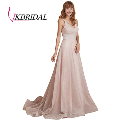 Blush VKbridal сексуальное вечернее платье с v-образным вечернее платье ТРАПЕЦИЕВИДНОЕ Сверкающее платье для выпускного вечера Длинные вечерние платья со стразами реальное изображение - Цвет: Blush