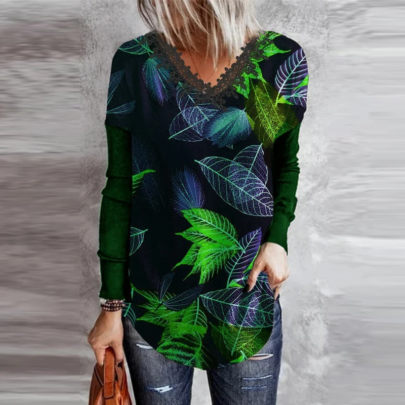 

Casual Loose Vintage Ladies Blouse Autumn New Sexy V-Neck Lace Pullover Tops 2022 Elegant Print Long Sleeve Women Shirt Blusas
