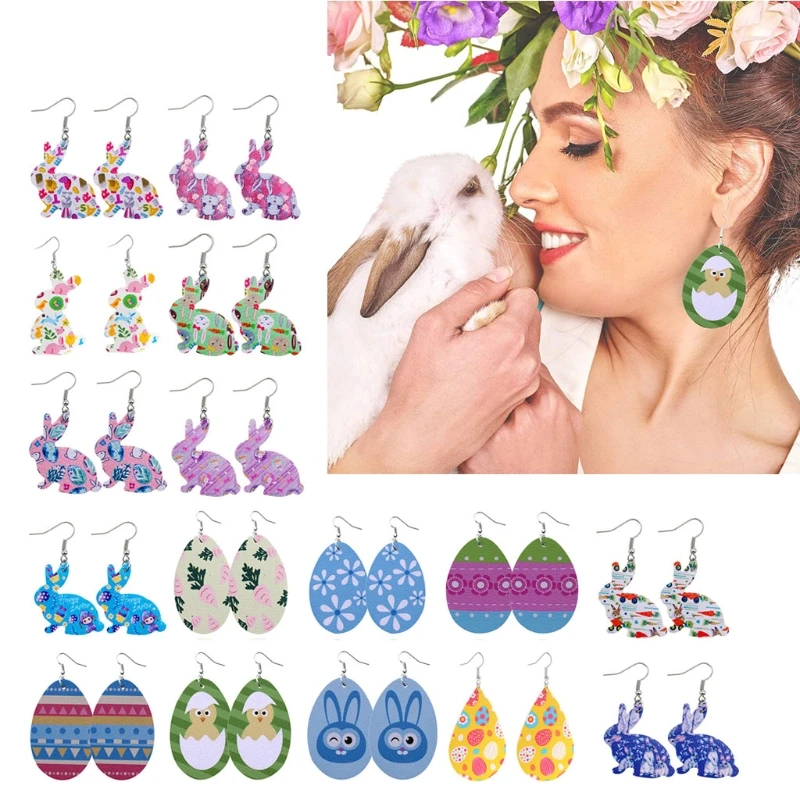 

12 Pairs Easter Faux Leather Earrings Rabbit Flower Easter Egg Dangle Earrings