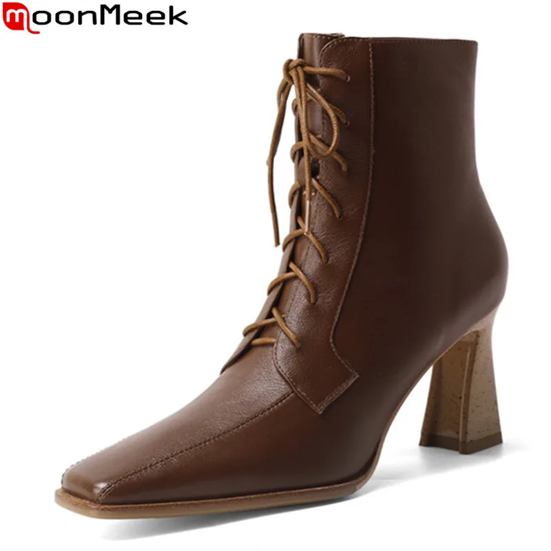 

MoonMeek 2020 New arrival women boots genuine leather boots thick high heels square toe ankle boots for woman black brown