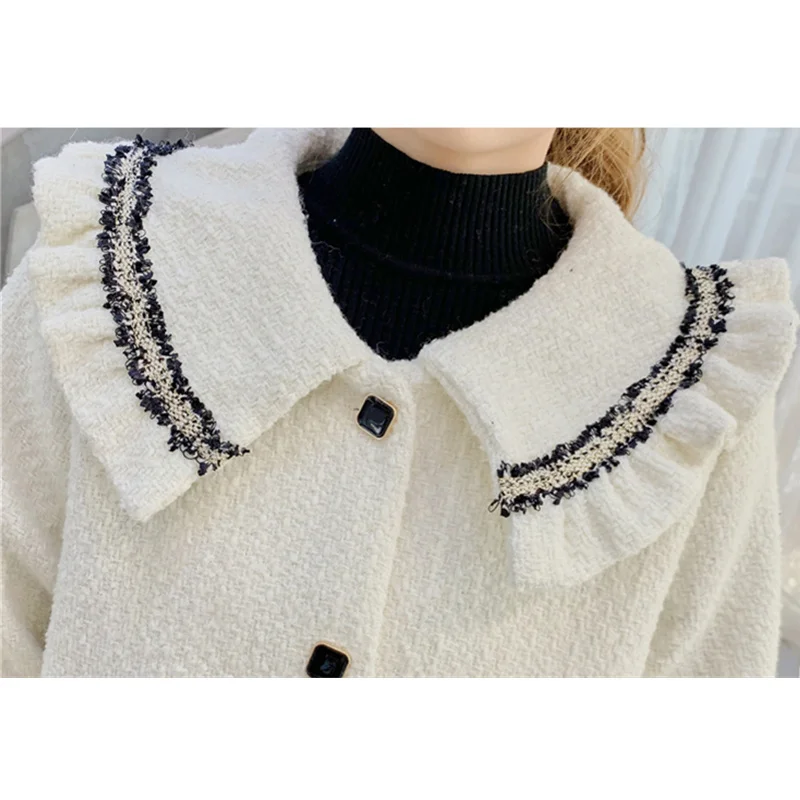 

Autumn Winter Womens Woollen Jackets and Coats Vintage Kawaii Frilly Peter pan Collar Single-breasted Short Wool Tweed Jacket