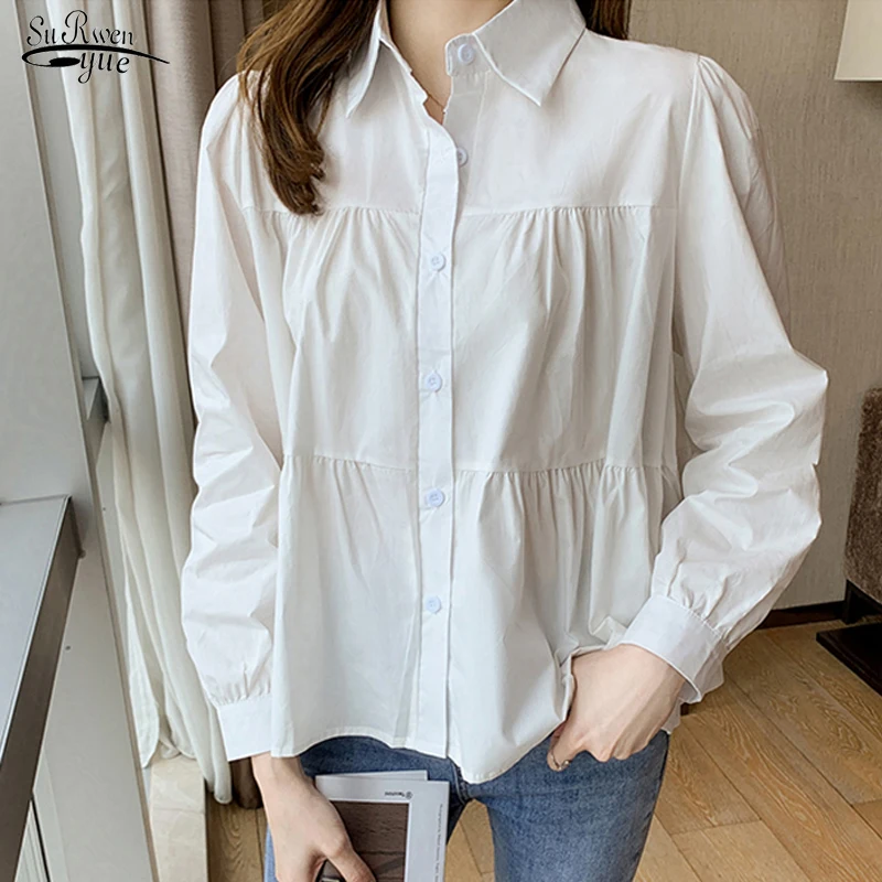 

Casual Loose Clothing Pleated Long Puff Sleeve Shirt Gentle White Blouse Office Lady Tops Autumn Cotton Shirt Women Blusas 17253