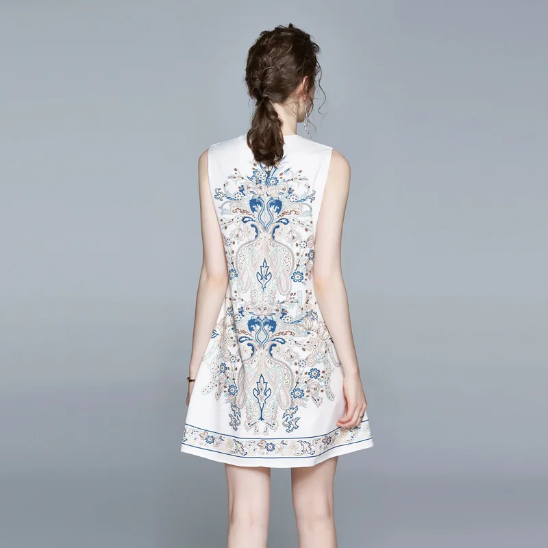 

Dresses Summer Office Elegant White for Women High End Round Neck A-Line Tank Sleeveless Print Vest Above Knee Mini Dress