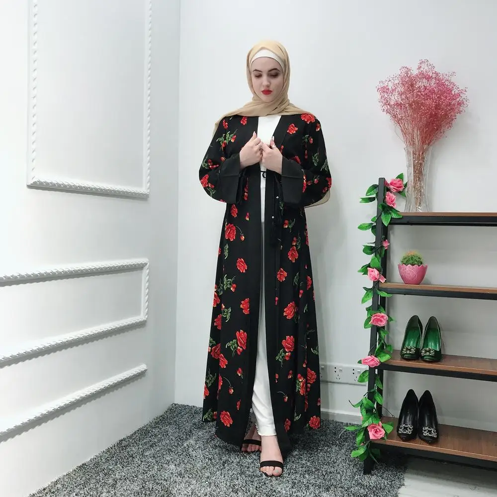 Черное абайя мусульманское женское кимоно с цветочным принтом Макси-Платье