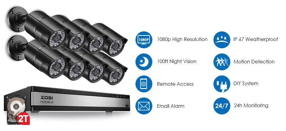 ZOSI 1080P 16 канал CCTV Регистраторы Системы ночного видения Bullet Камера, для наблюдения, безопасности, видео Камера DVR комплект HDD
