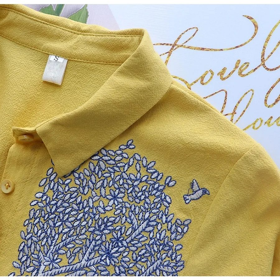 

2021 Office Blue Print Cotton Linen Casual Feminina Top Shirts Summer Women Tops and Blouses Spring Plus Size Long Sleeve Blouse